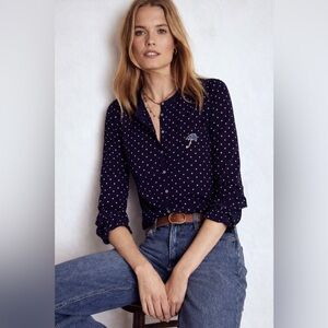 Anthropologie Maeve Navy Blue Polka Dot Umbrella Top Blouse Button Down Shirt M